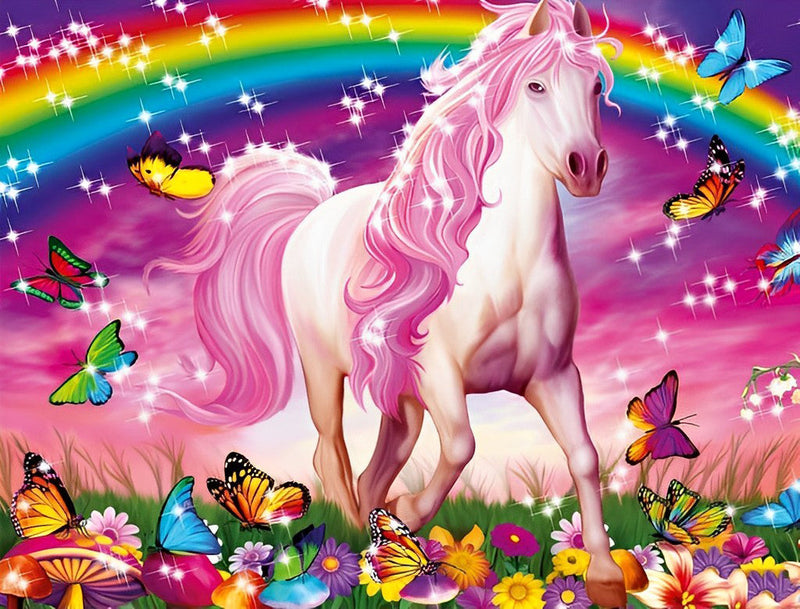 Licorne aux Poils Roses et Papillons Broderie Diamant