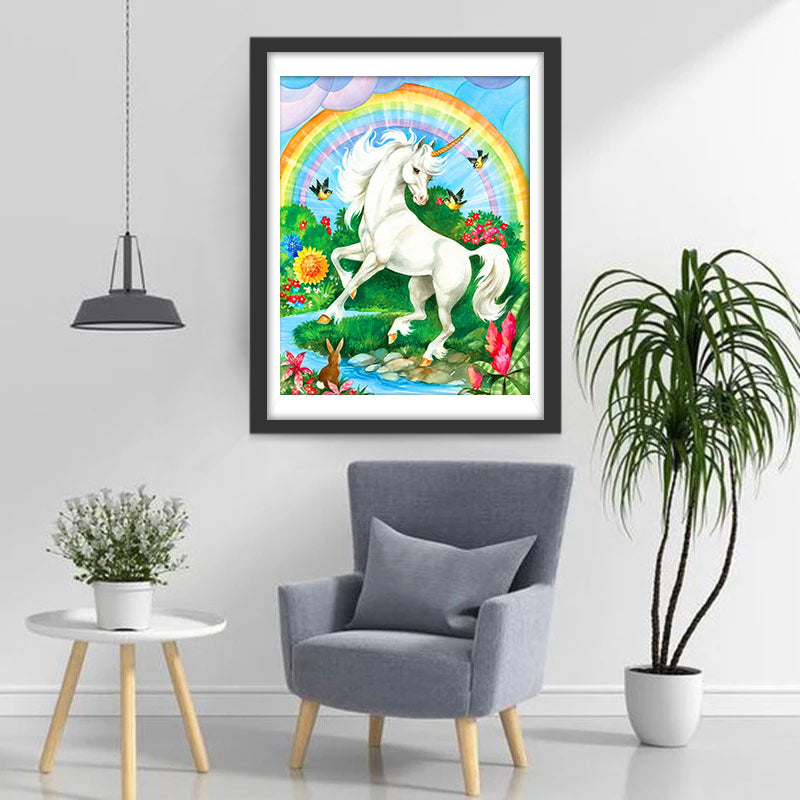 Licorne Blanche au Bord du Ruisseau Broderie Diamant