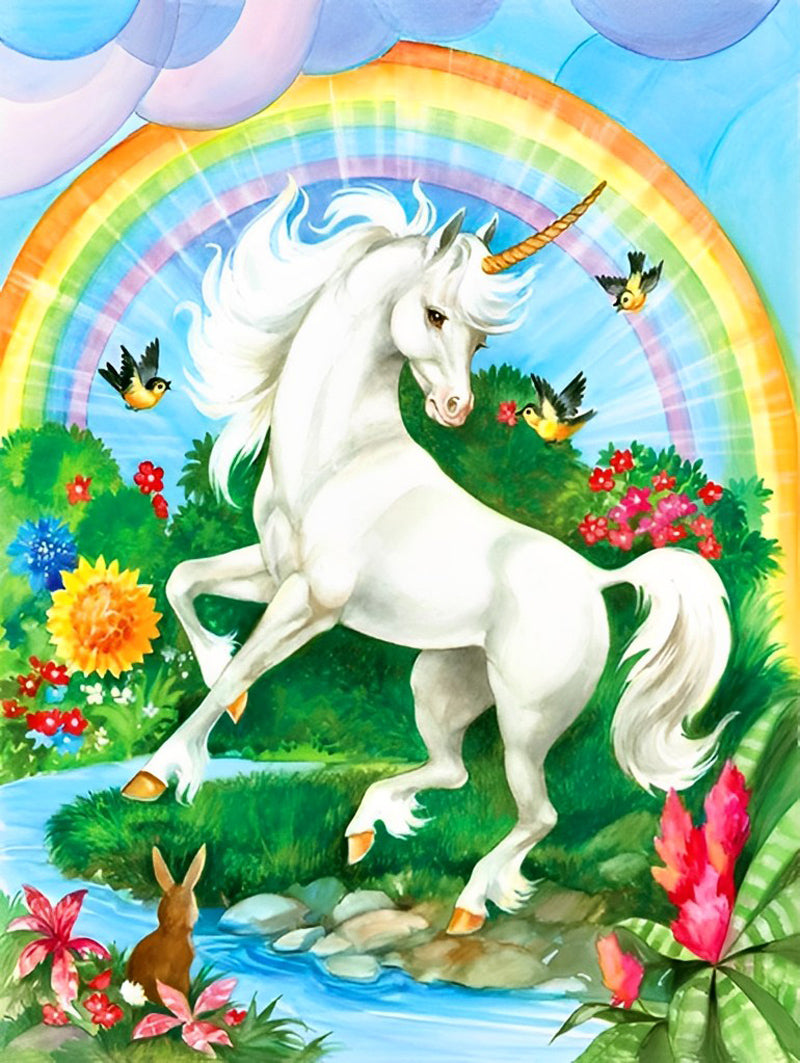 Licorne Blanche au Bord du Ruisseau Broderie Diamant