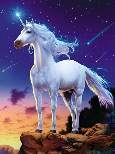 Licorne Blanche en Haut de la Falaise et Etoiles Filantes Broderie Diamant