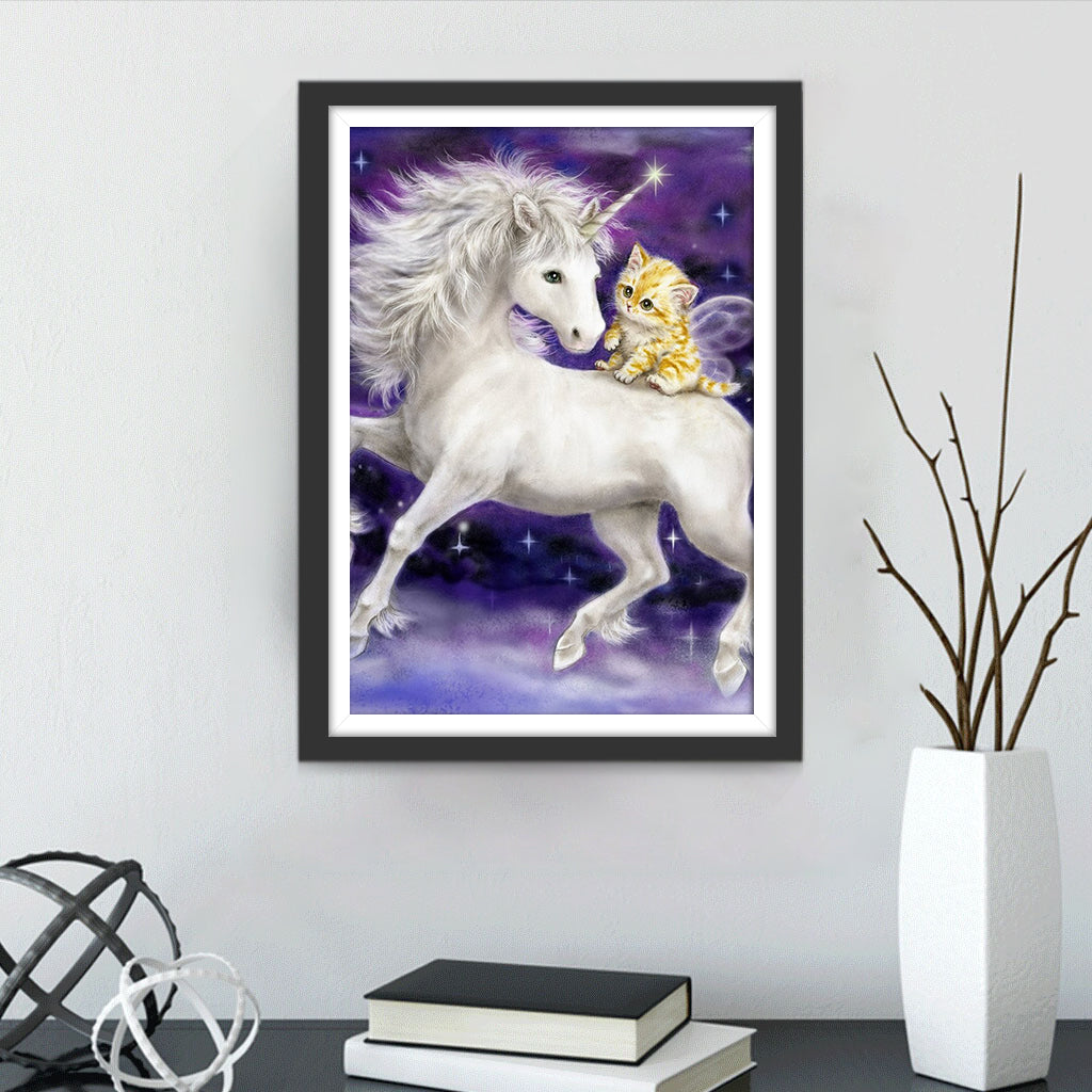 Licorne Blanche et Chatton Broderie Diamant