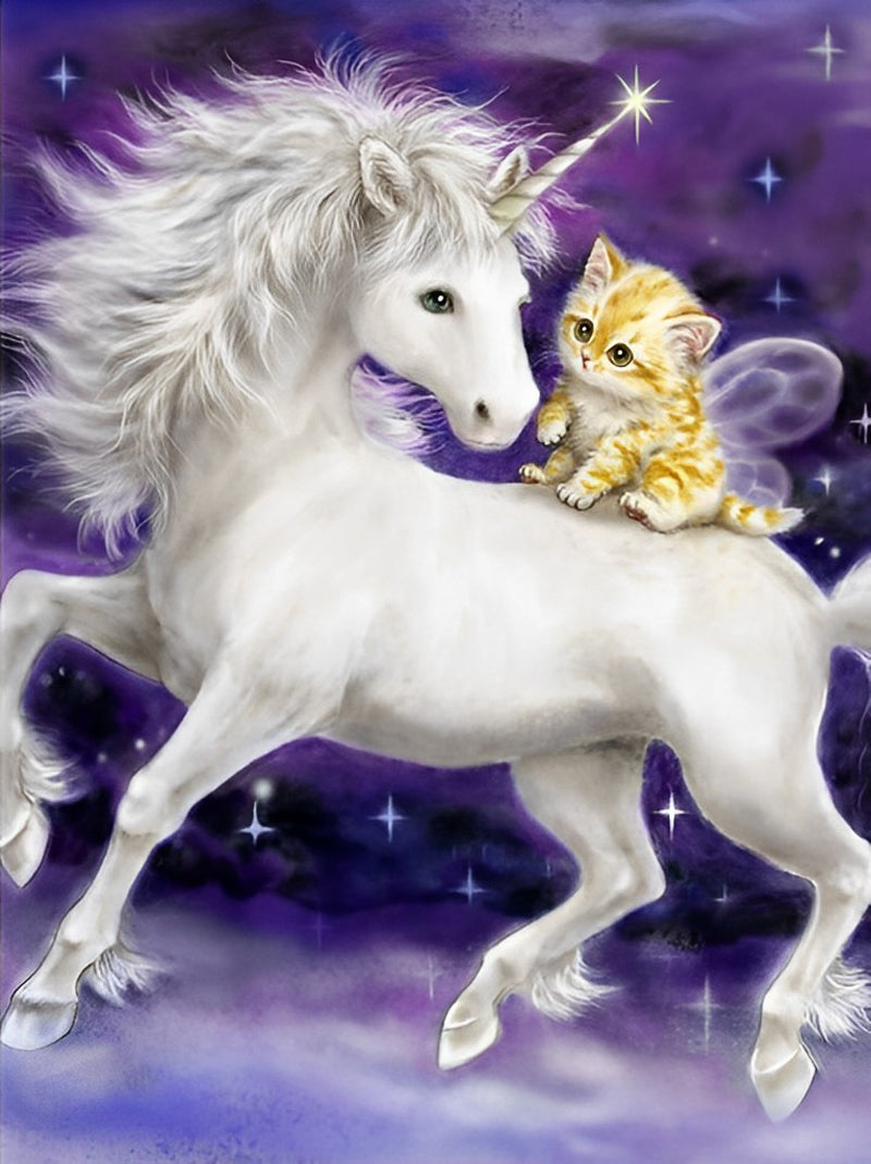 Licorne Blanche et Chatton Broderie Diamant