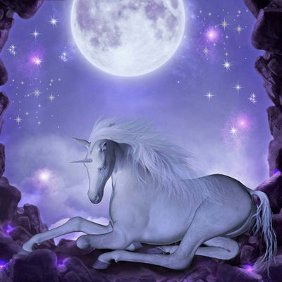 Licorne Blanche et la Lune dans la Nuite Etoilée Broderie Diamant