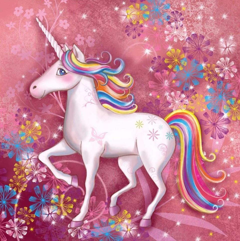 Licorne Blanche et les Fleurs Colorées Broderie Diamant