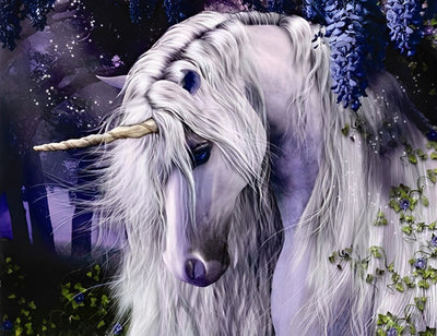 Licorne Blanche et les Fleurs Violettes Broderie Diamant