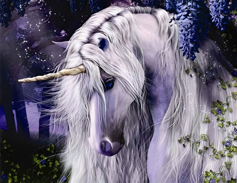 Licorne Blanche et les Fleurs Violettes Broderie Diamant
