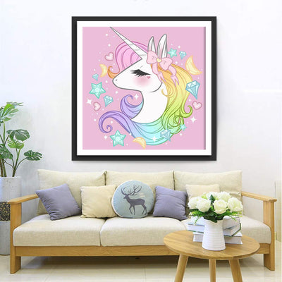 Licorne Blanche et Nœud Papillon Rose Cartoon Broderie Diamant