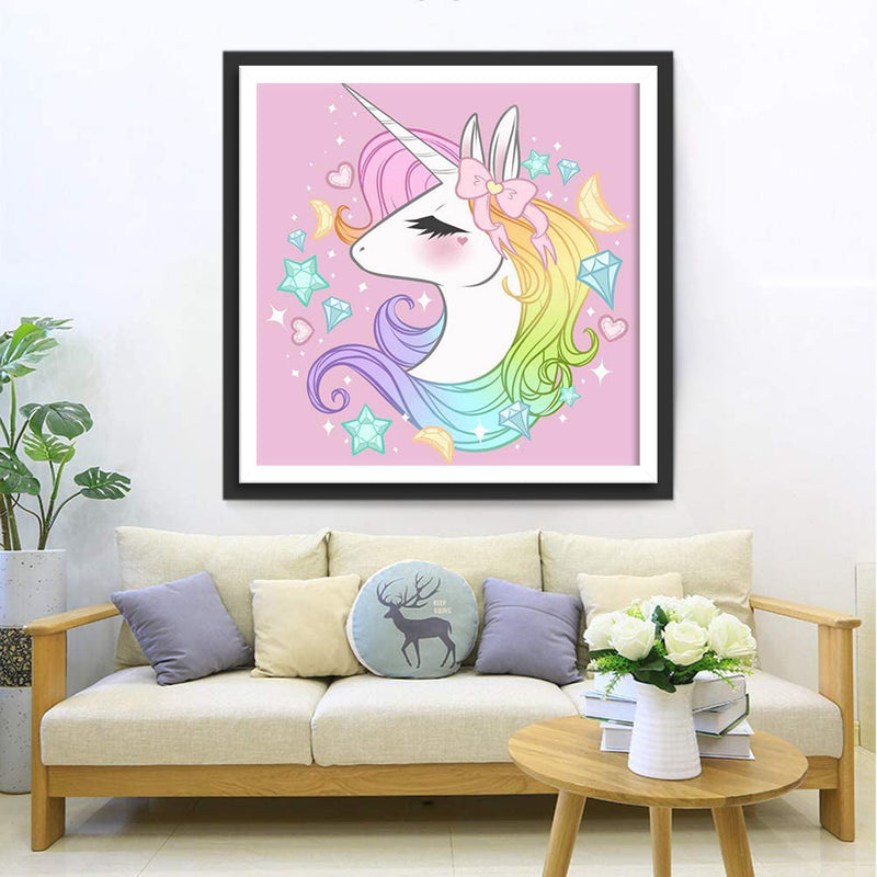 Licorne Blanche et Nœud Papillon Rose Cartoon Broderie Diamant