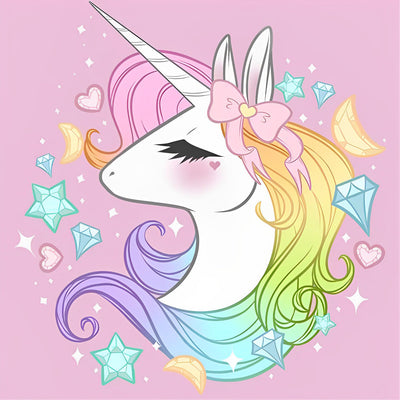 Licorne Blanche et Nœud Papillon Rose Cartoon Broderie Diamant