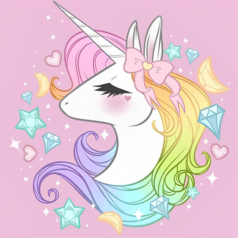 Licorne Blanche et Nœud Papillon Rose Cartoon Broderie Diamant