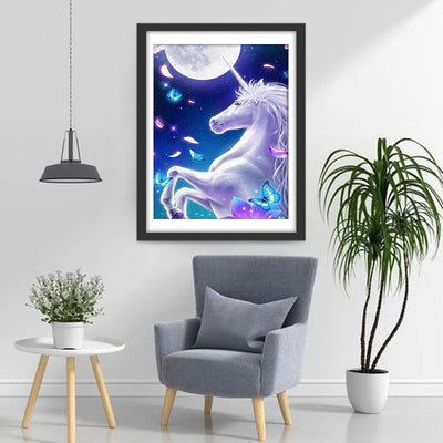 Licorne Blanche et Papillons Bleus Broderie Diamant