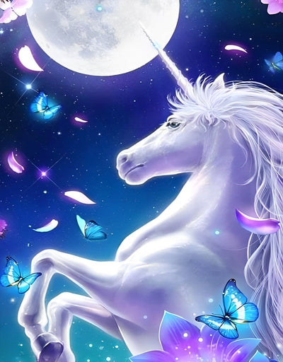 Licorne Blanche et Papillons Bleus Broderie Diamant