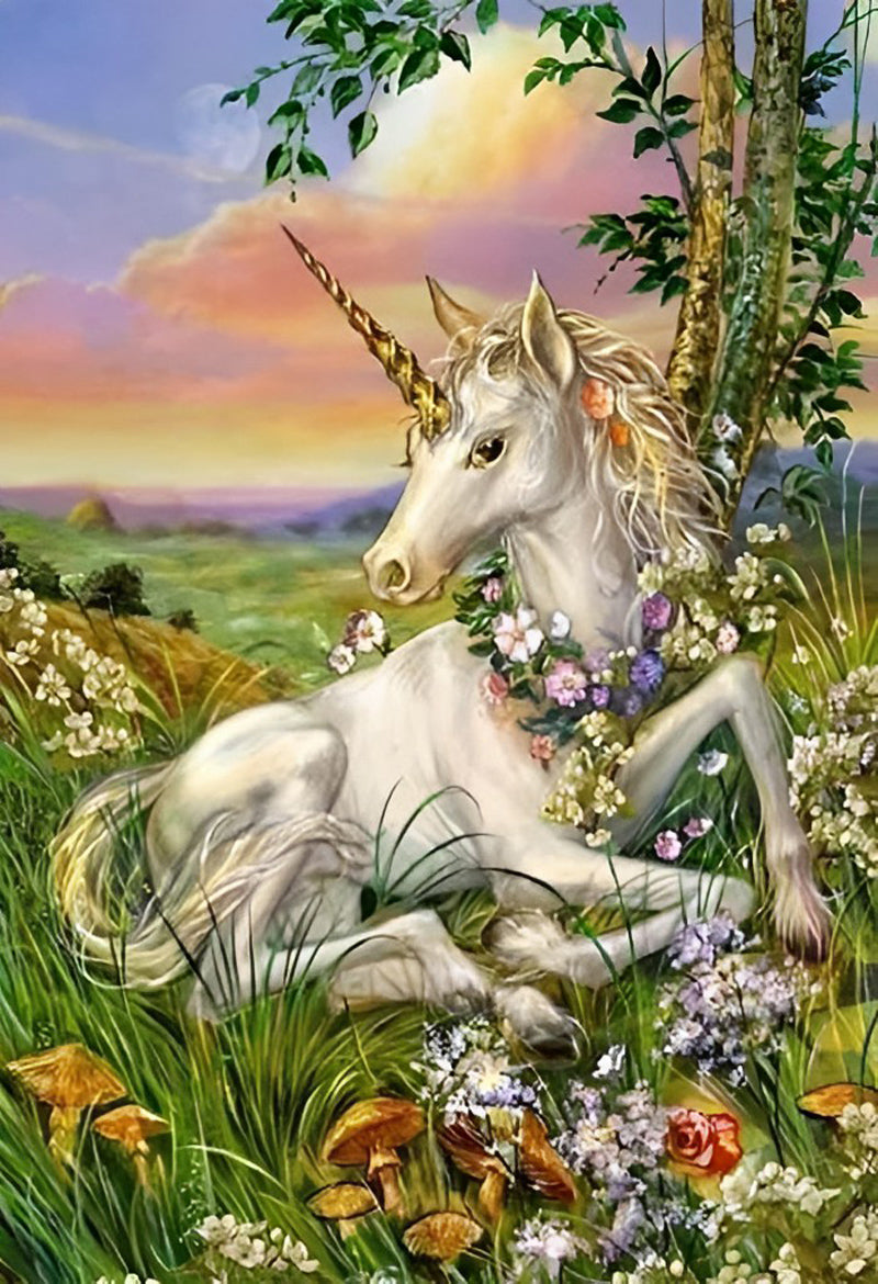 Licorne Blanche sur la Pelouse Broderie Diamant