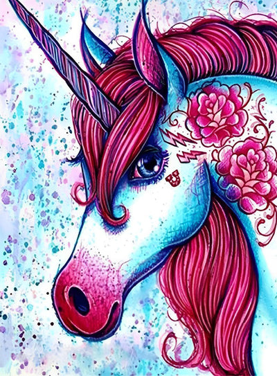 Licorne Bleue à la Crinière Rose Foncé Broderie Diamant