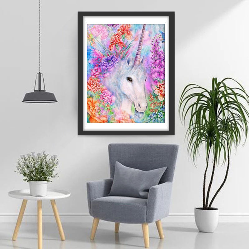 Licorne et les Fleurs Multicolores Broderie Diamant