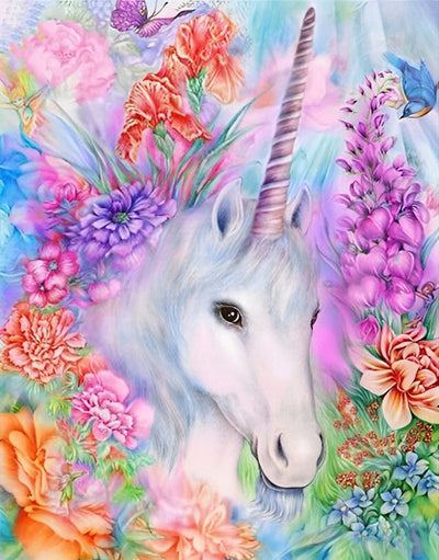 Licorne et les Fleurs Multicolores Broderie Diamant