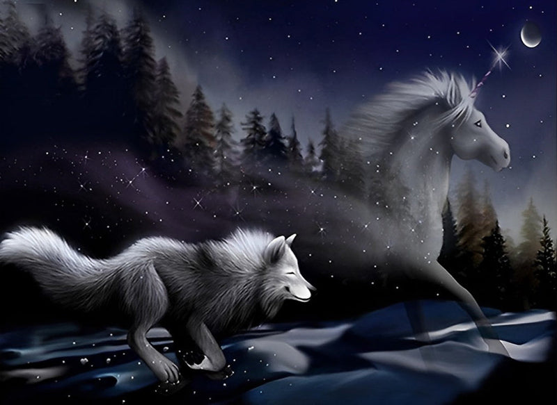Licorne et Loup Blancs Broderie Diamant