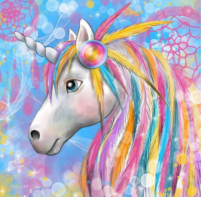 Licorne et Plumes Colorées Broderie Diamant