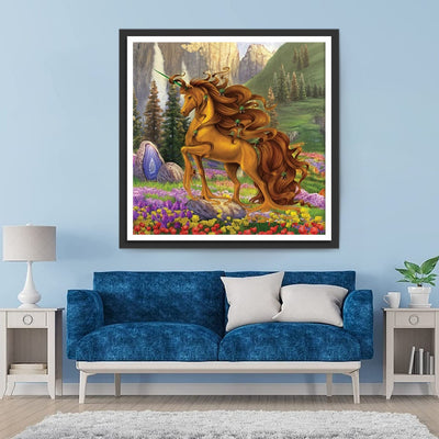 Licorne Marron à la Crinière Longue Broderie Diamant