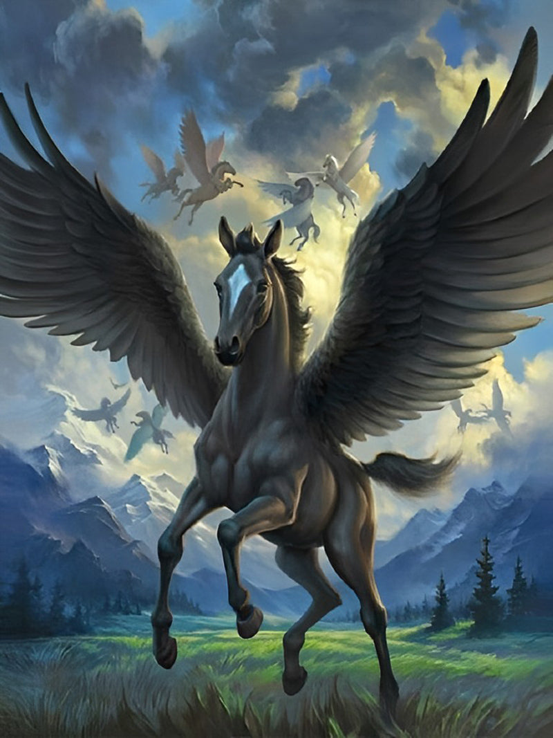 Licorne Noire aux Ailes Broderie Diamant