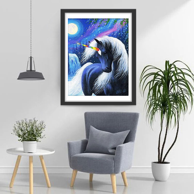 Licorne Noire avec la Corne Colorée Broderie Diamant