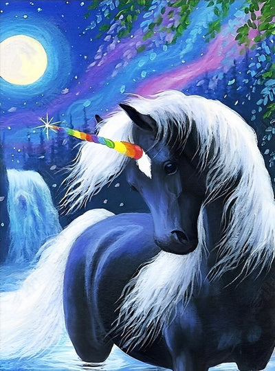 Licorne Noire avec la Corne Colorée Broderie Diamant