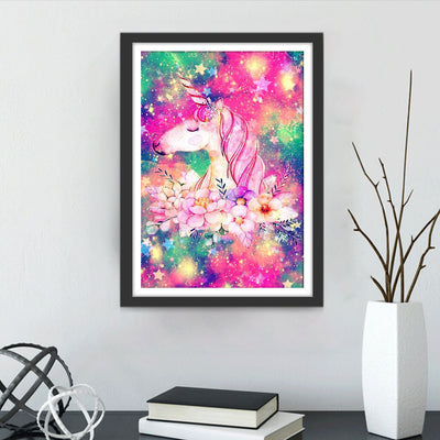 Licorne Rose et Fleurs Broderie Diamant