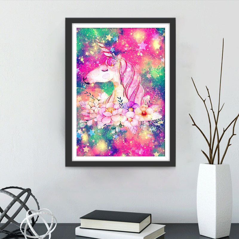 Licorne Rose et Fleurs Broderie Diamant