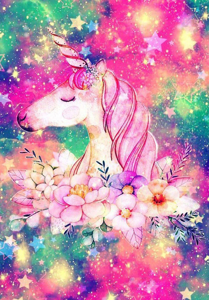 Licorne Rose et Fleurs Broderie Diamant