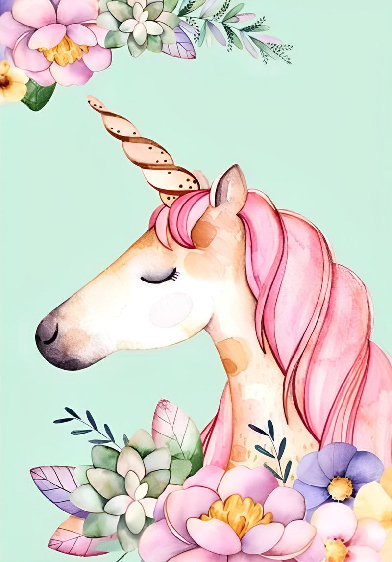 Licorne Rose et Fleurs Variées Broderie Diamant