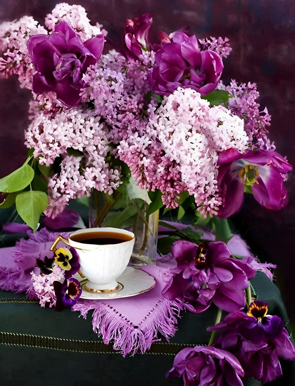 Lilas et Orchidée avec une Tasse de Thé Broderie Diamant