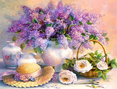 Lilas et Roses Blanches Broderie Diamant