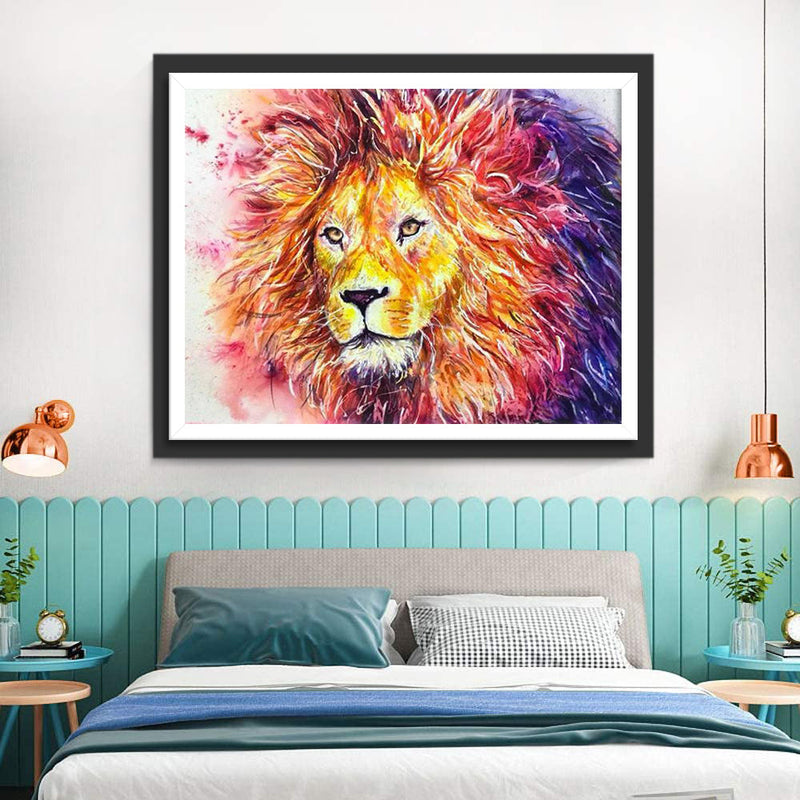 Lion à la Crinière Rouge et Orange Broderie Diamant