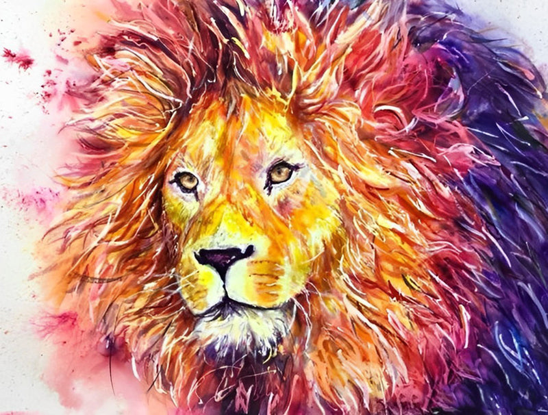 Lion à la Crinière Rouge et Orange Broderie Diamant