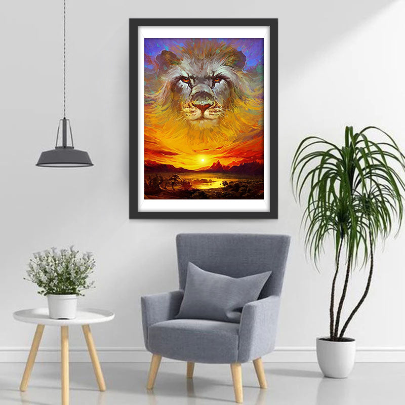 Lion au Soleil Couchant Broderie Diamant