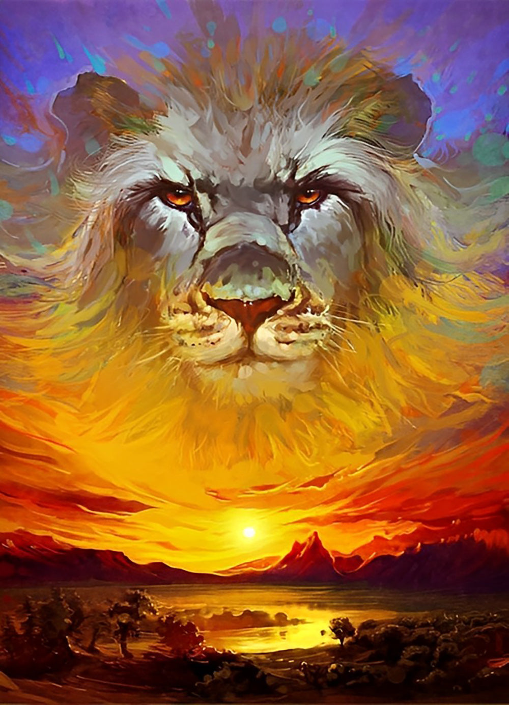 Lion au Soleil Couchant Broderie Diamant