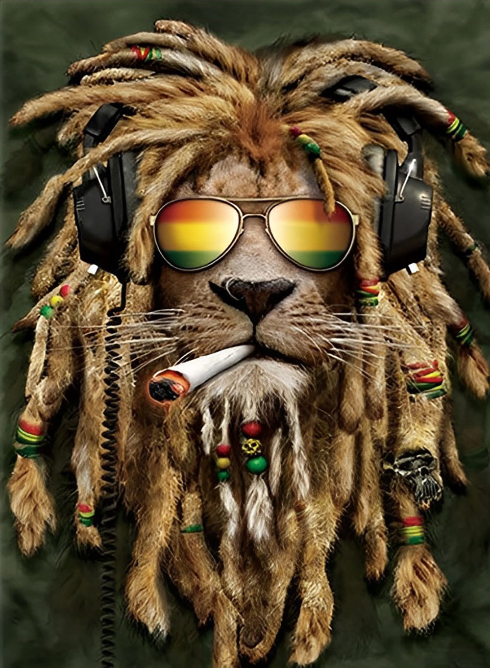 Lion avec des Dreadlocks et des Lunettes de Soleil Broderie Diamant