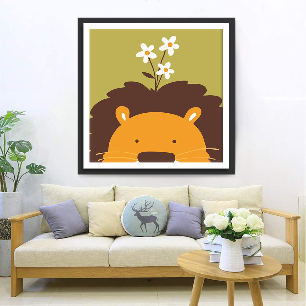 Lion avec des Fleurs Blanches Cartoon Broderie Diamant
