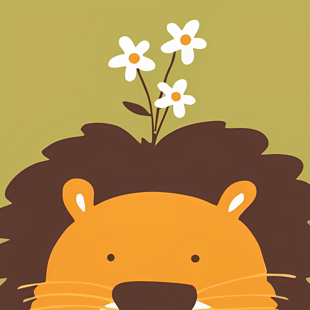 Lion avec des Fleurs Blanches Cartoon Broderie Diamant