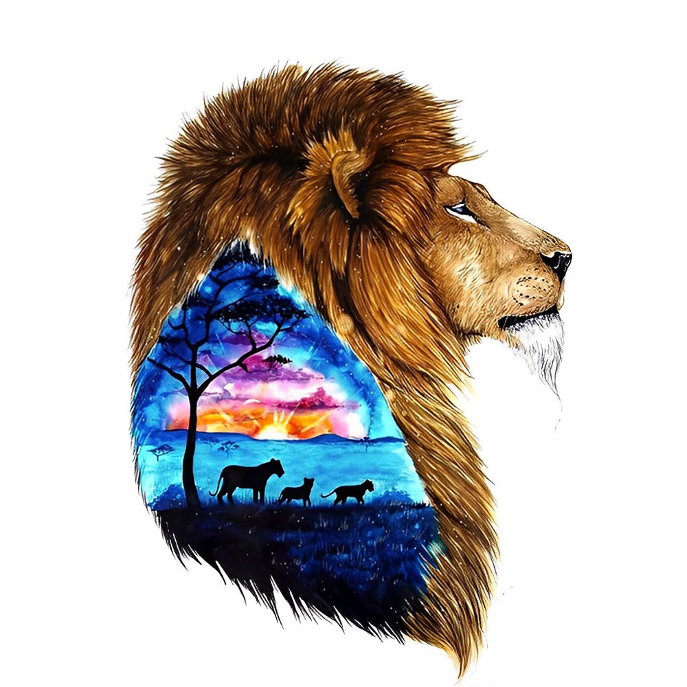 Lion avec l'Image de Sa Famille Broderie Diamant