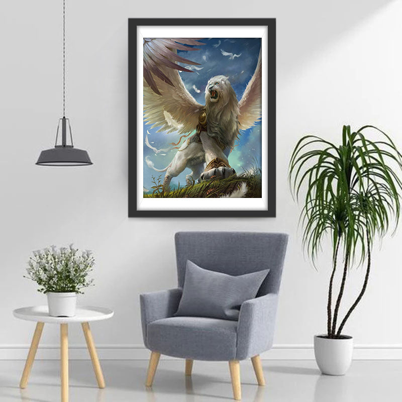 Lion Blanc Rugissant avec des Ailes Broderie Diamant