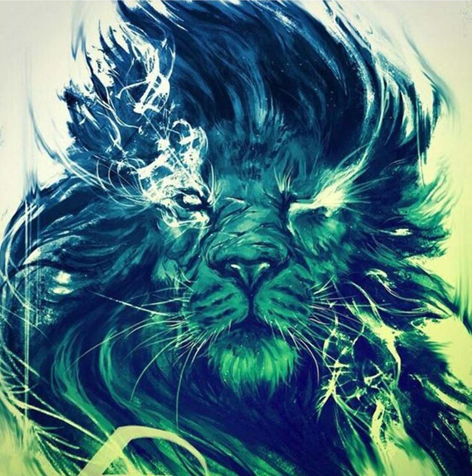 Lion Bleu, Vert et Jaune Broderie Diamant