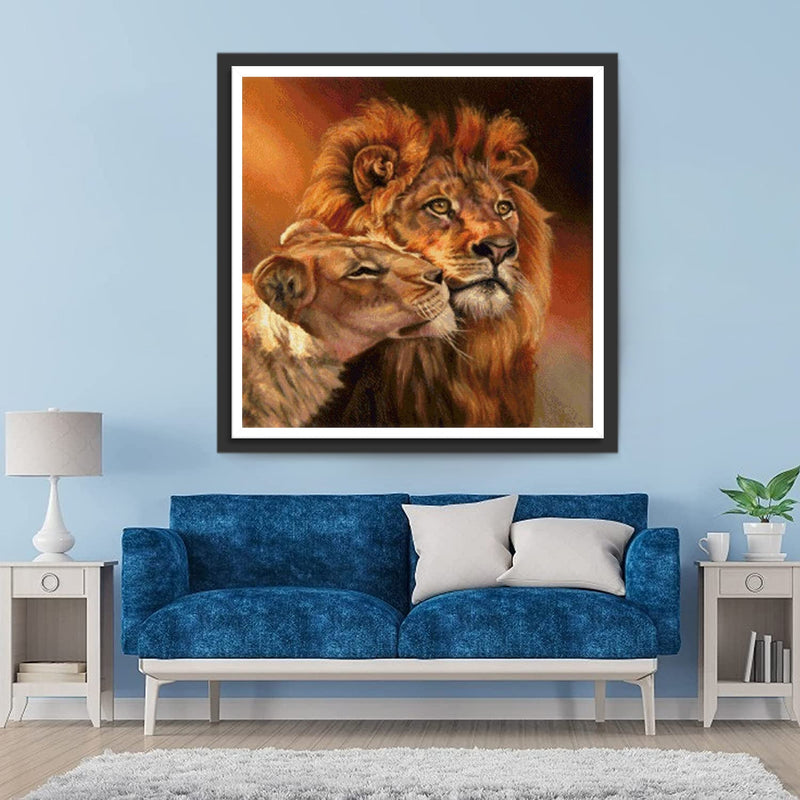 Lion Couple Affectueuses Broderie Diamant