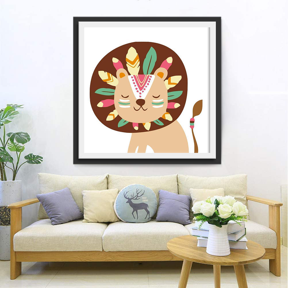 Lion dans la Tribu Cartoon Broderie Diamant
