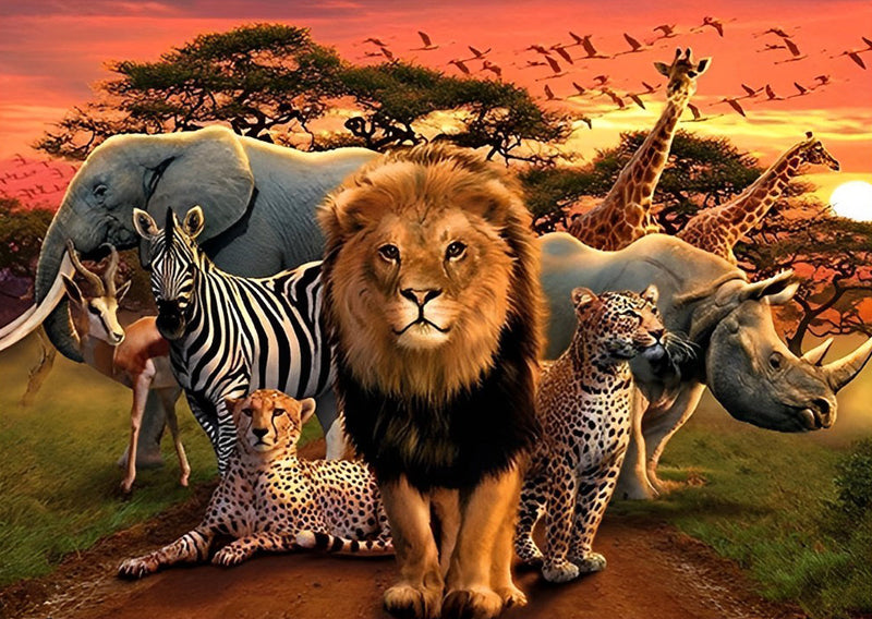 Lion et des Animaux Tropicaux Broderie Diamant