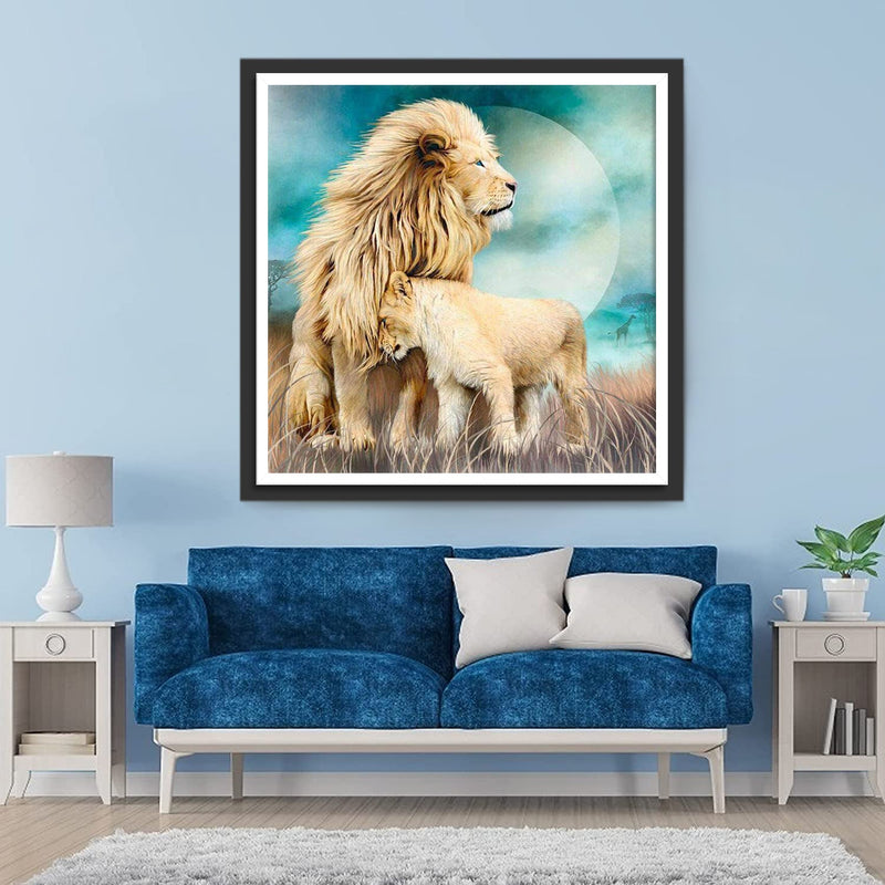 Lion et Lionceau sous la Lune Claire Broderie Diamant