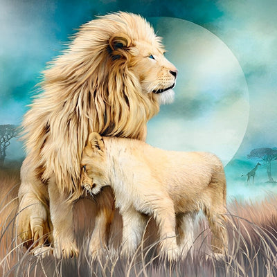 Lion et Lionceau sous la Lune Claire Broderie Diamant