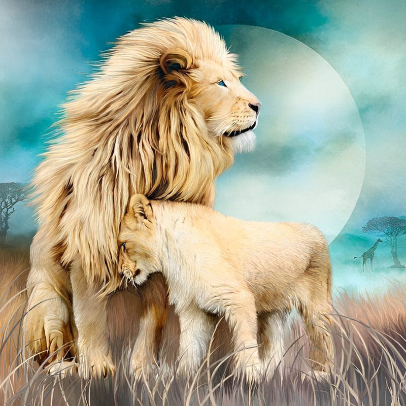 Lion et Lionceau sous la Lune Claire Broderie Diamant
