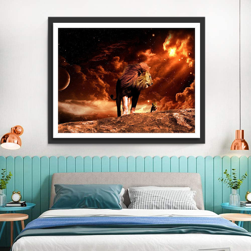 Lion et Son Lionceau avec le Ciel Rouge Broderie Diamant