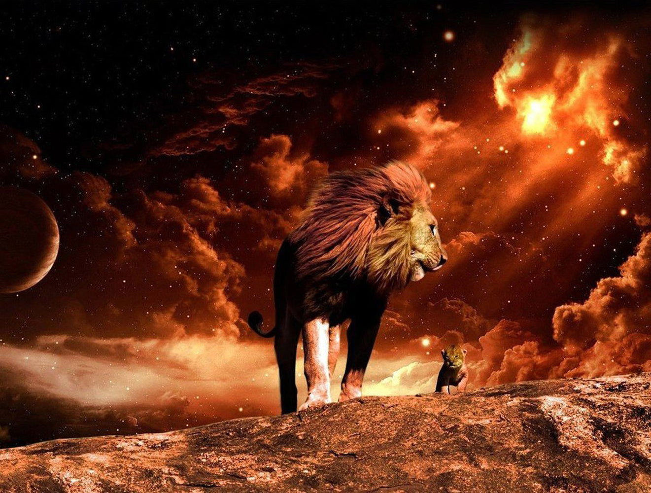 Lion et Son Lionceau avec le Ciel Rouge Broderie Diamant